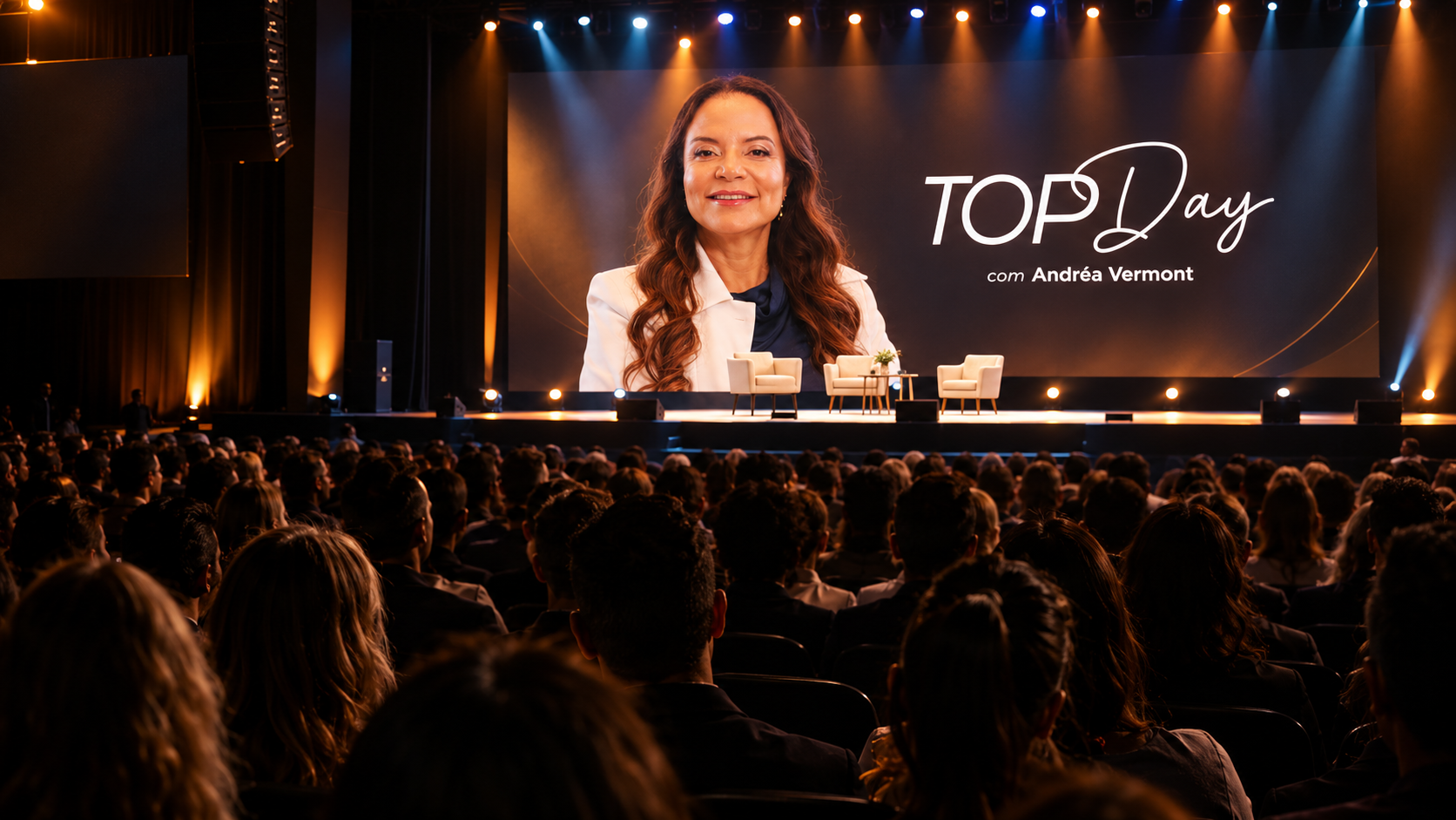 Plateia lotada e palco do TopDay com Andréa Vermont